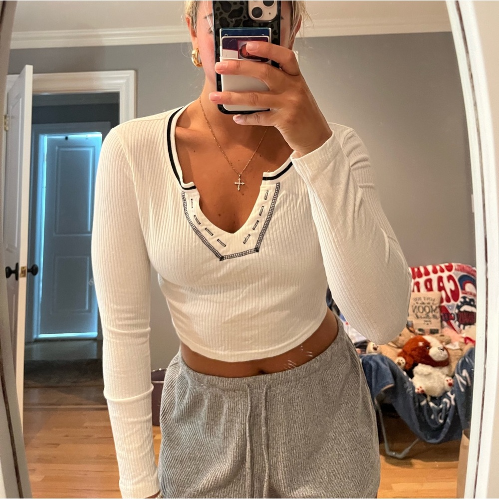 SHEIN White Ribbed Long Sleeve Blouse